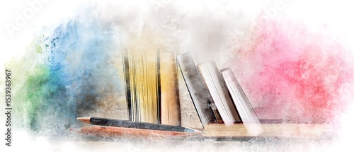 Stack of books with pencil on a wooden surface.