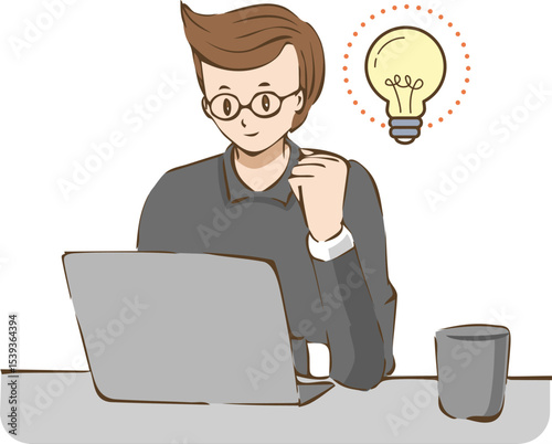 Creative Inspiration: A person sits at a desk, absorbed in work with a laptop and a light bulb symbolizing ideas illuminating the scene, embodying creative exploration.