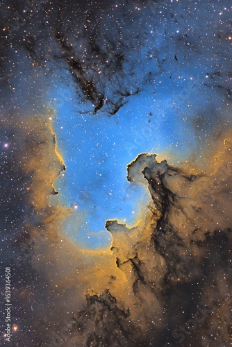 Detailed view of a cosmic nebula with vibrant colors and stellar dust.