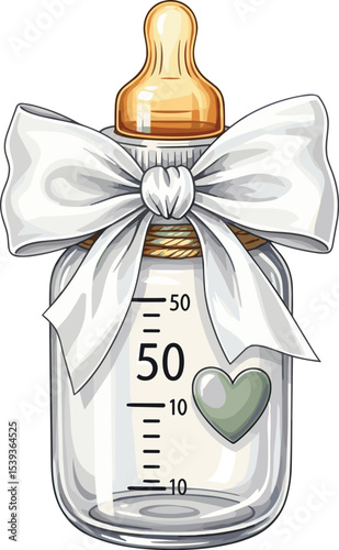 Watercolor Baby Bottle for milk with a white bow and heart. illustration of infant element for baby shower greeting cards or newborn invitations. Drawing for nursery design in pastel beige colors