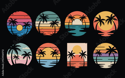 Retro sunset with palm trees and ocean waves in various designs