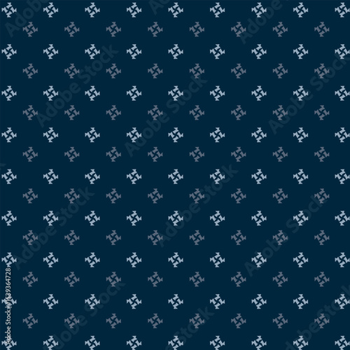Small white flowers pattern doodle shapes motif continuous blue background. Modern floral fabric design textile swatch ladies dress, men's shirt all over print block.