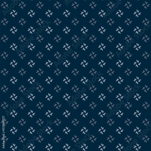 Small white flowers pattern doodle shapes motif continuous blue background. Modern floral fabric design textile swatch ladies dress, men's shirt all over print block.