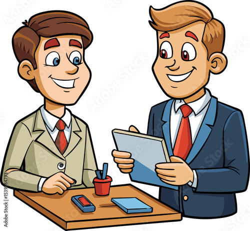 Business discussion: Two colleagues engage in a professional discussion at the office, captured in a dynamic illustration of teamwork, collaboration, and communication.