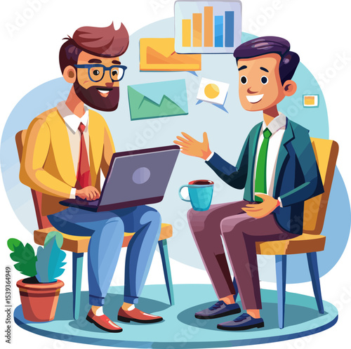 Brainstorming session: Two professionals are engaged in a dynamic discussion, sharing ideas and insights to reach a common objective, accompanied by visual cues of their collaborative efforts.