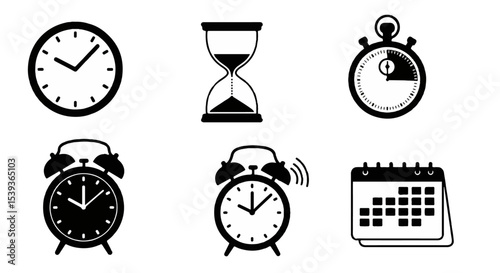 Time management icons set featuring clock watch alarm calendar hourglass stopwatch symbols for scheduling planning and productivity.