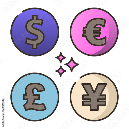 Colorful currency icons dollar euro pound yen