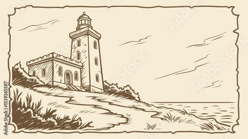 Illustration of a lighthouse on a hill overlooking the sea in a decorative border parchment style