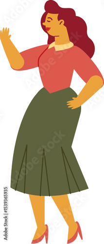 Happy Woman: A cheerful woman with auburn hair and a warm smile waves, exuding positivity and happiness in a vibrant illustration. 