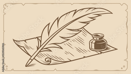 Illustration of a quill pen resting on parchment paper with an inkwell on a textured background