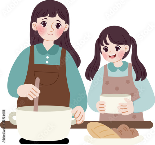 Mom and Daughter Cooking: A warm illustration of a mother and daughter bonding together in the kitchen, stirring a pot with love, while making bread, showcasing togetherness.