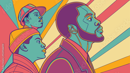 Three individuals looking upward with retro style hats and colorful background and detailed facial features