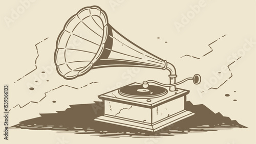 Illustration of a vintage gramophone with a large horn and a vinyl record on a square base design