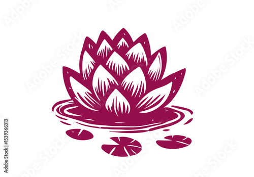 Lotus Flower Hand Drawn Natural Illustration Stylized as Linocut Vector Isolated by AZ for Books, Arts, Design and Decoration Graphic Asset