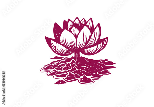 Lotus Flower Hand Drawn Natural Illustration Stylized as Linocut Vector Isolated by AZ for Books, Arts, Design and Decoration Graphic Asset