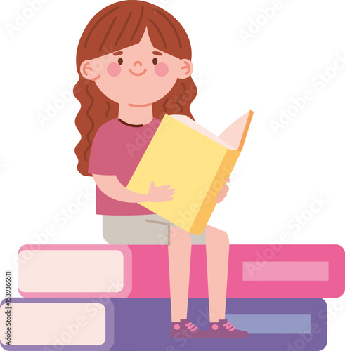 Reading Adventure: a young girl immersed in a book, sitting atop a stack of colorful books, evoking a sense of adventure and curiosity.