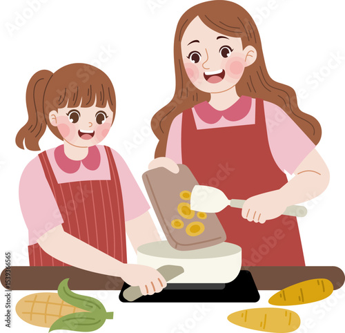 A culinary bond: A heartwarming scene of a mother and daughter sharing precious moments of cooking experience, a joyful experience in kitchen, illustration style 