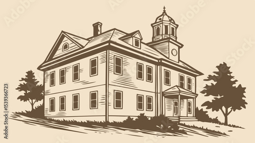 Illustration of a two story building with a cupola and trees in a vintage style drawing