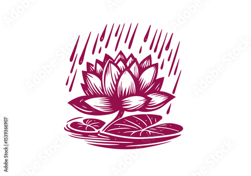 Lotus Flower Hand Drawn Natural Illustration Stylized as Linocut Vector Isolated by AZ for Books, Arts, Design and Decoration Graphic Asset