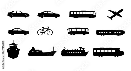 Transportation Icons Set Black Silhouettes Cars Buses Trains Ships Airplane Bicycle Graphic Design Elements