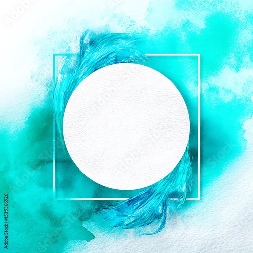 Blank white circle framed by a square in teal watercolor background.