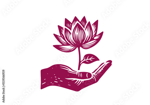 Lotus Flower Hand Drawn Natural Illustration Stylized as Linocut Vector Isolated by AZ for Books, Arts, Design and Decoration Graphic Asset
