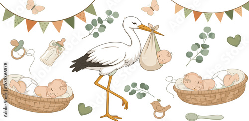 Seamless baby Pattern with watercolor Baby elements like stork, pacifier, bottle, toys, bunting, and infant in crib in pastel colors. Illustration of background for baby textile or nursery wallpaper.