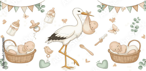Seamless baby Pattern with watercolor Baby elements like stork, pacifier, bottle, toys, bunting, and infant in crib in pastel colors. Illustration of background for baby textile or nursery wallpaper.