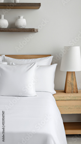 Minimalist Bedroom Interior with White Bedding and Soft Natural Light