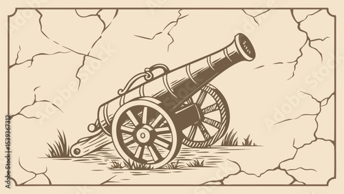Illustration of an old cannon on wheels with a cracked background in a vintage style drawing art