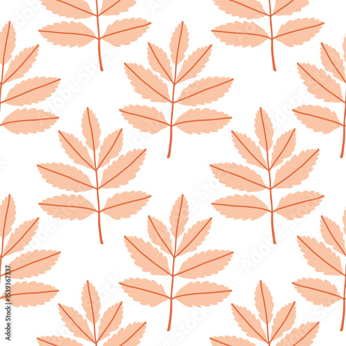 Simple abstract floral seamless pattern with colorful autumn leaves in pink. The leaves are arranged in rows on a white background, cozy fall vibe. Hand drawn botanical leaves.