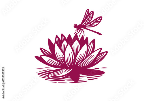 Lotus Flower Hand Drawn Natural Illustration Stylized as Linocut Vector Isolated by AZ for Books, Arts, Design and Decoration Graphic Asset
