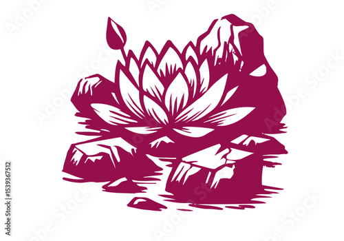 Lotus Flower Hand Drawn Natural Illustration Stylized as Linocut Vector Isolated by AZ for Books, Arts, Design and Decoration Graphic Asset