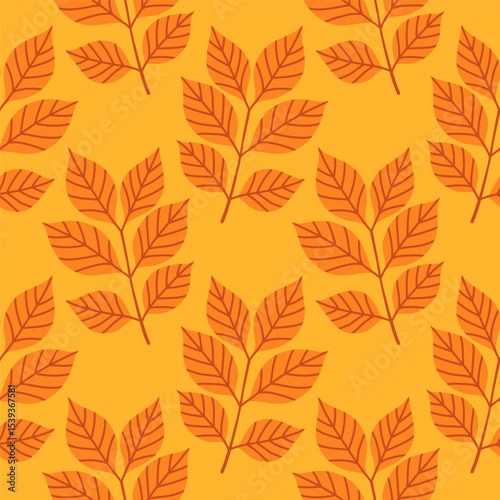Simple abstract floral seamless pattern with colorful autumn leaves in orange. The leaves are arranged in rows on a yellow background, cozy fall vibe. Hand drawn botanical leaves.