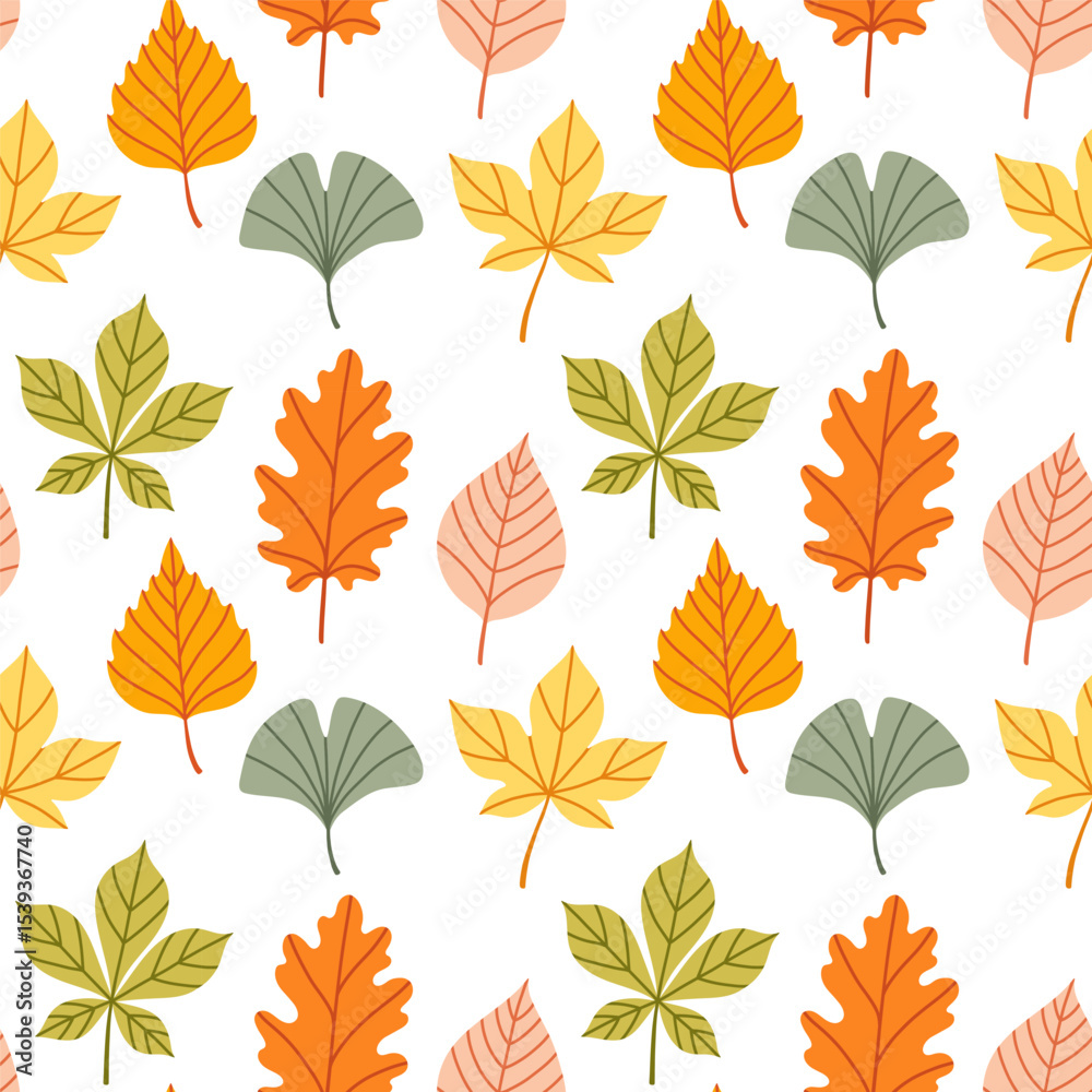Obraz premium Simple abstract floral seamless pattern with colorful autumn leaves in orange, yellow, green, pink and blue. The leaves are arranged in rows on a white background. Hand drawn botanical leaves.