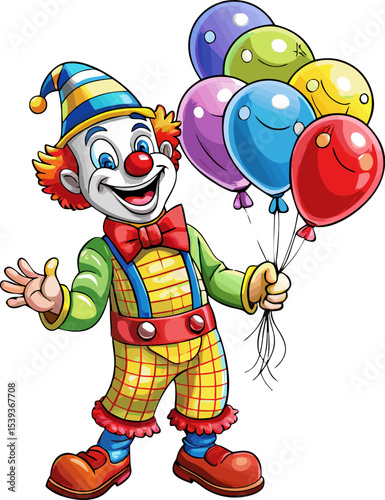 Clown with Balloons: A cheerful and colorful clown holds a bunch of balloons, perfect for a fun and festive celebration. Perfect for carnival, festival, or entertainment events. 