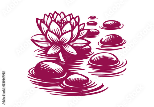 Lotus Flower Hand Drawn Natural Illustration Stylized as Linocut Vector Isolated by AZ for Books, Arts, Design and Decoration Graphic Asset