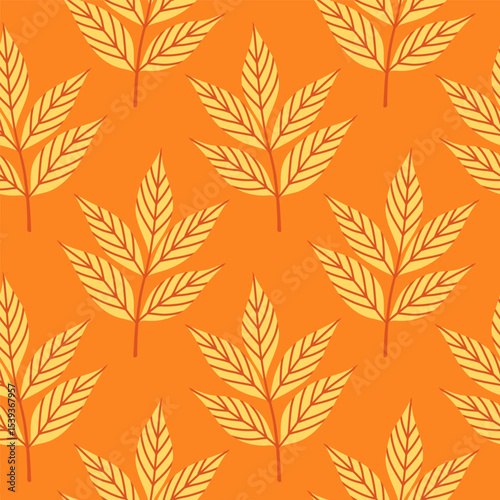 Simple abstract floral seamless pattern with colorful autumn leaves in yellow. The leaves are arranged in rows on a orange background, cozy fall vibe. Hand drawn botanical leaves.