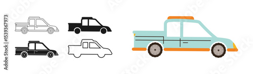 Pickup Car icon symbol cartoon set. Hand drawn cute automobile car in different styles colored silhouette, outline collection Simple children funny auto pickup truck transport icon vector illustration