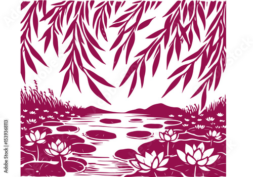 Lotus Flower Hand Drawn Natural Illustration Stylized as Linocut Vector Isolated by AZ for Books, Arts, Design and Decoration Graphic Asset