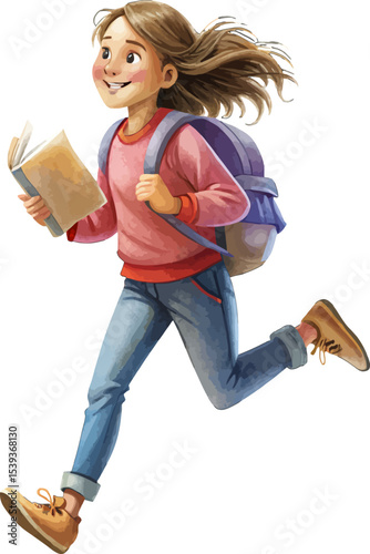 Joyful Journey of a Young Student: A vibrant illustration of a young student with an open book and a backpack runs with a sense of joyful anticipation.