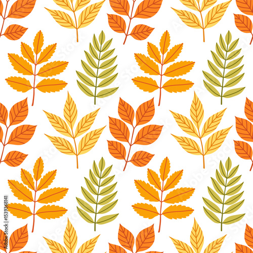 Simple abstract floral seamless pattern with colorful autumn leaves in orange, yellow, and green. The leaves are arranged in rows on a white background, cozy fall vibe. Hand drawn botanical leaves.