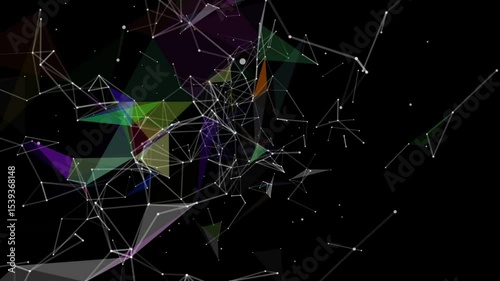 Colorful abstract digital plexus animation with mesh and points on black background