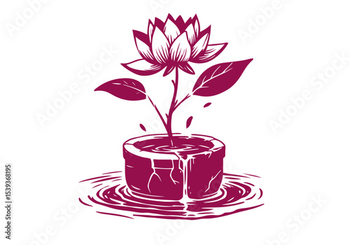 Lotus Flower Hand Drawn Natural Illustration Stylized as Linocut Vector Isolated by AZ for Books, Arts, Design and Decoration Graphic Asset
