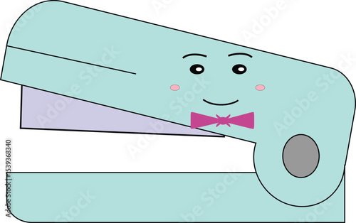 Fun and playful illustration of a happy stapler with a smiling expression, ideal for back-to-school or office-themed content.