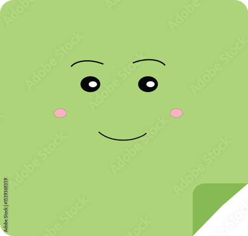 Flat vector of a green sticky note with adorable eyes and a soft expression, designed for educational materials and planning templates.