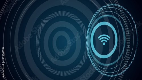 Futuristic wifi symbol glowing inside circular digital interface with abstract high-tech background Glowing wifi icon inside spinning virtual rings representing wireless connection and modern tech
