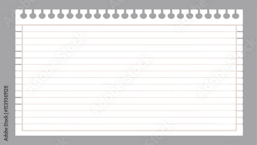 A white sheet of paper with horizontal lines and a perforated top edge on a gray background is shown