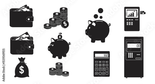 Finance Icons Set Piggy Bank Wallet Cash Money Savings ATM Calculator Business