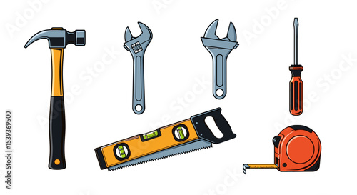 Illustration of various hand tools including hammer wrenches level screwdriver and tape measure on white